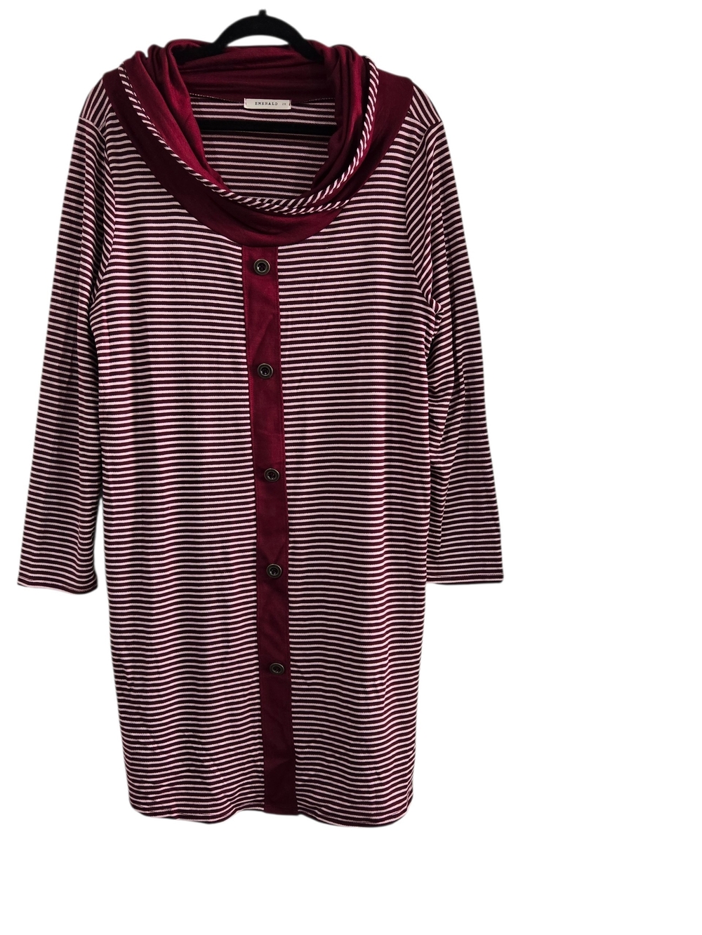 Emerald Burgundy and White Striped Cowl Neck Faux Button Front Dress 2X